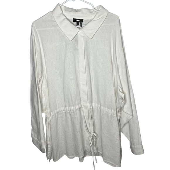 New! DNKY Pam White Waist Tie Relax Fit Linen Blend Women Tunic Top Blouse Sz 2X - Picture 1 of 11